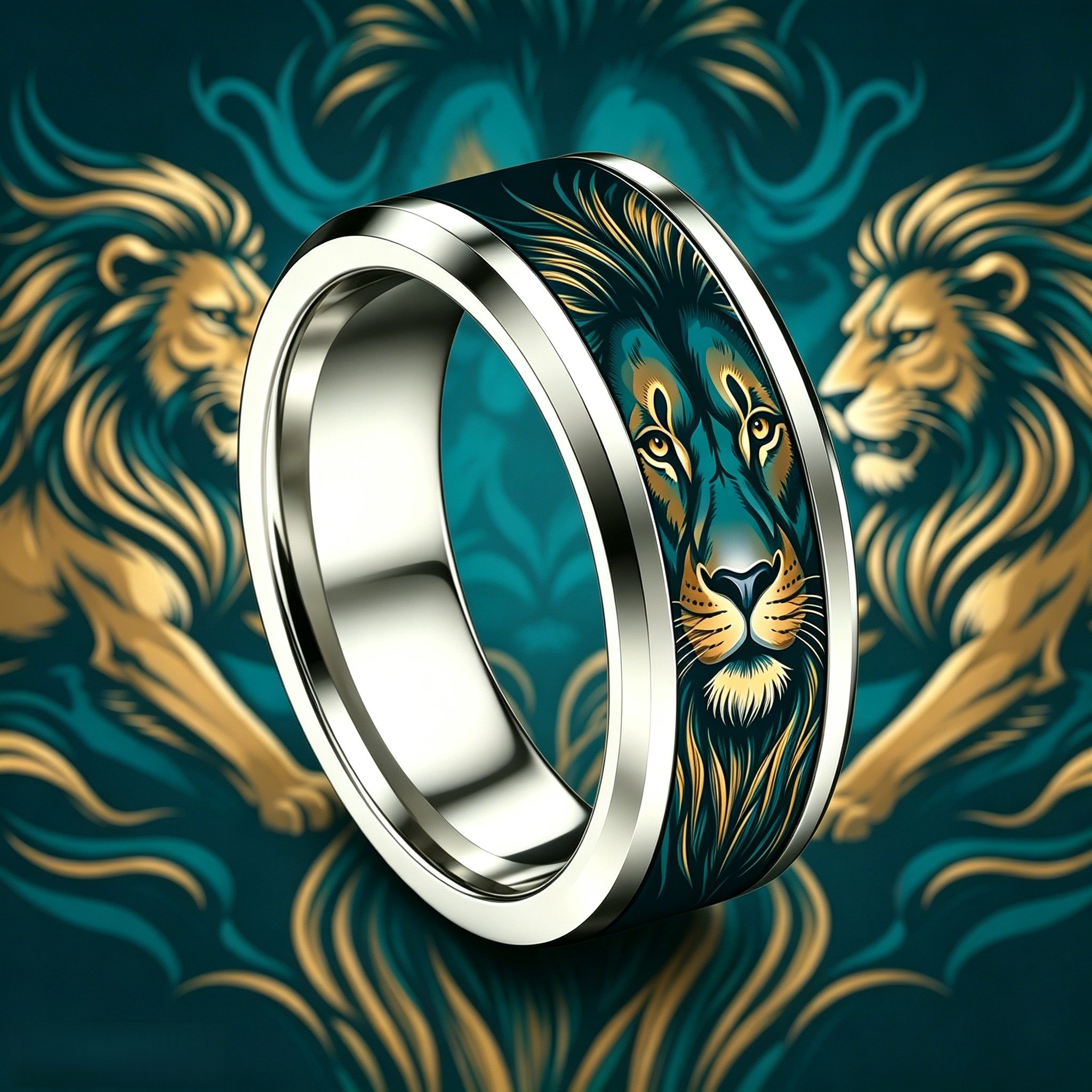 Deep Green Gilded Lion Head Stainless Steel Ring
